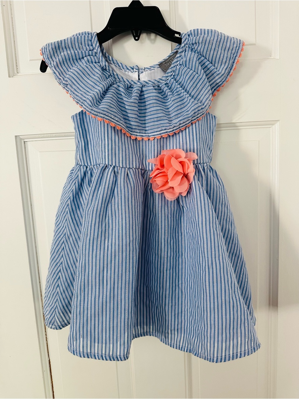 Berkley Jensen Blue Striped Girls' Dress with Coral Flower Accent